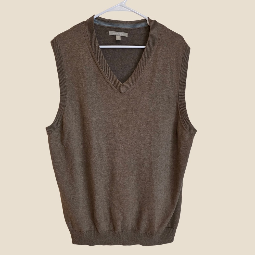 Nordstrom Mens Sweater Vest Size XL Brown Cotton Wool Blend V Neck Academia